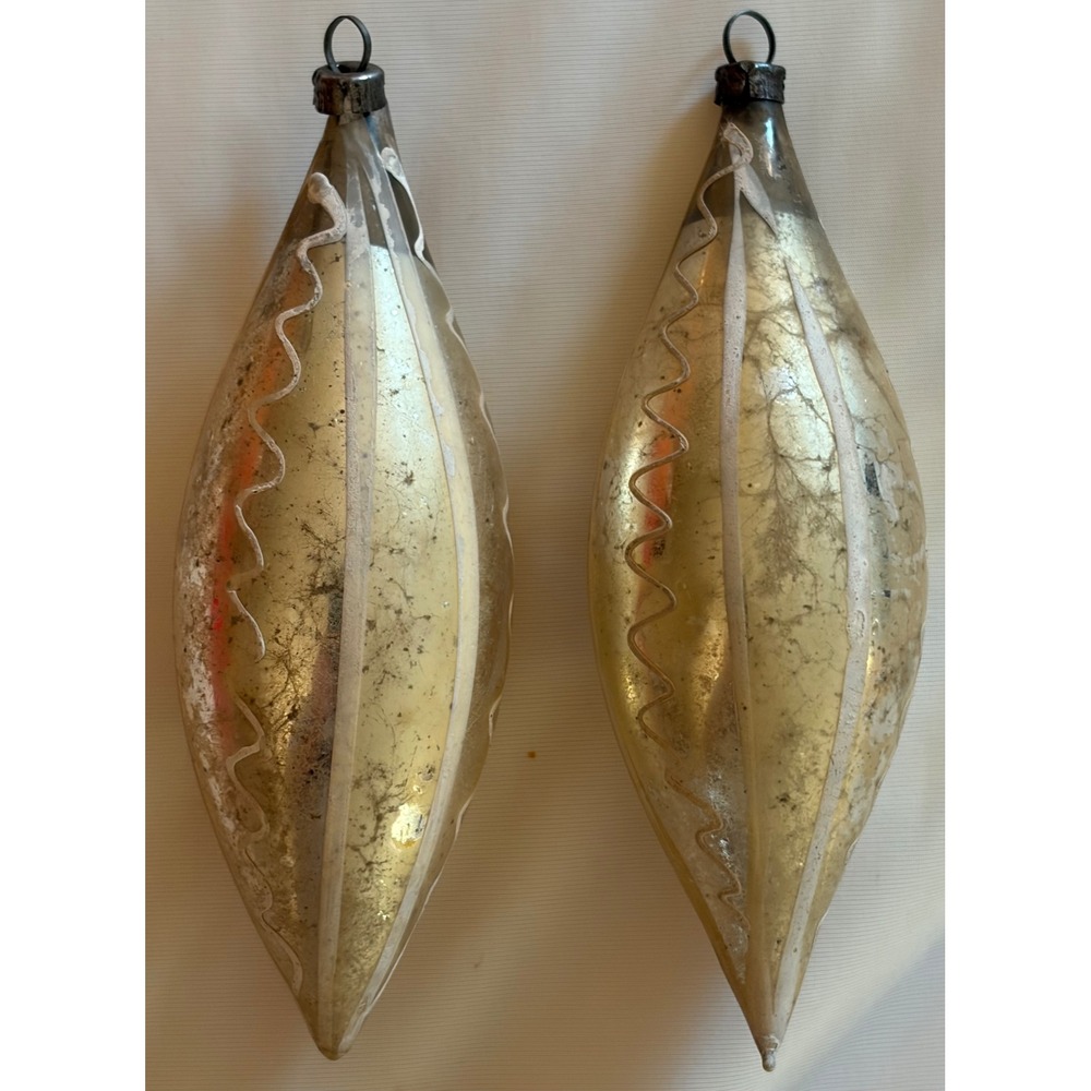 Vintage Mercury Glass Christmas Ornaments Gold Champagne Glitter Teardrop 2pc